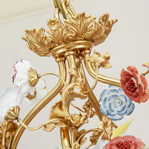 Luxury Gold Brass Crystal  Chandelier with Ceramic Flowers Pendant Lights with 8 Led Lights Bulbs for Hotel/Project