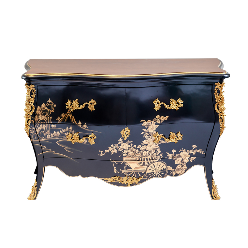 Three Drawers Big Belly Cabinet  Wood and Brass Black Cabinet  Delicate Hand-painted CupBoard for Bedroom Furniture