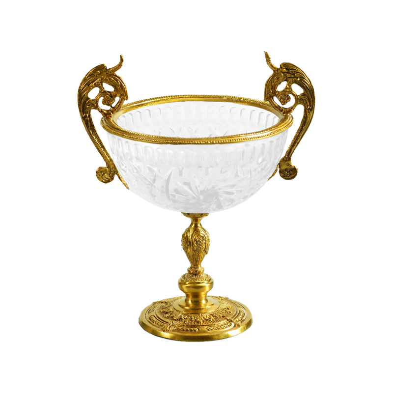European Wedding Party Banquet Handcrafted Brass Inlay Rim and Base Crystal Candy Dish Plate Metal Luxury Fruit Bowl