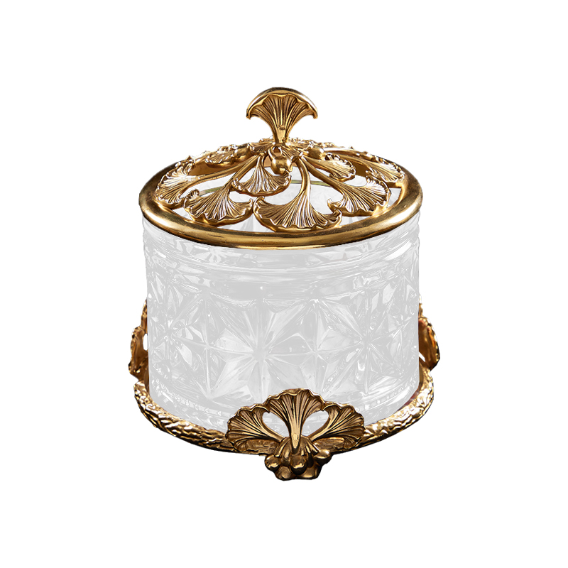 Factory Supply Hotel Villa Party Home Decor Copper Carving Ginkgo Leaf Luxury K9 Crystal Candy Jar with Lid