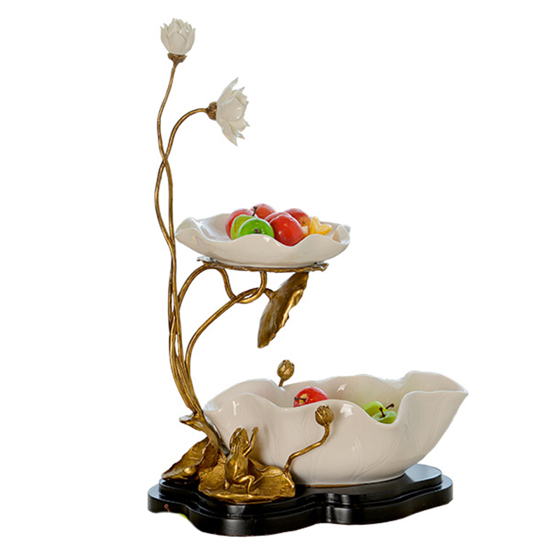 New design porcelain and brass plate lotus double layer fruit plate luxury home decor