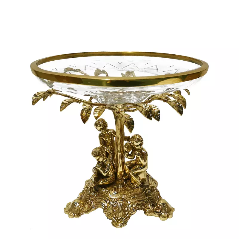European Luxury Handcrafted Golden Brass Carving Boys Under the Palm Crystal Candy Dish Plate Metal Fruit Bowl