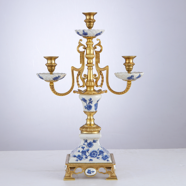 newest designs 3 arms luxury porcelain brass  candle holder for home hotel office decorative