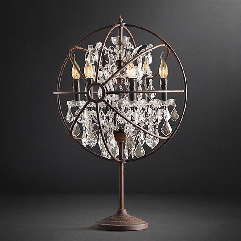 19th century retro iron frame  round ball orb clear crystal desk and table lamp for sidetable or console table