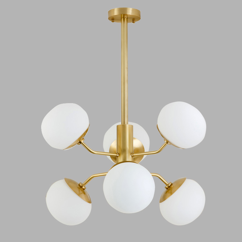 White Frosted Glass Ball Chandelier Lamp Post-Modern 6 Spheres Hanging Light with Brass Material from China Manufacturer