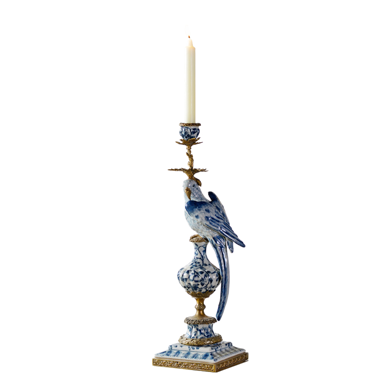 Pair candle holder Chinese porcelain ceramic bird parrot candlesticks in white and blue color