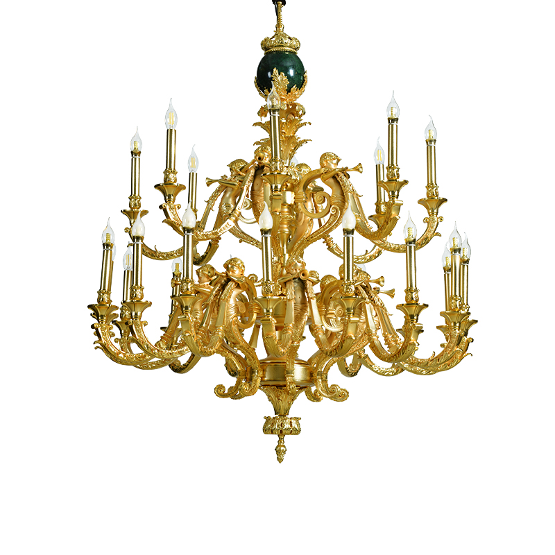Luxury high end green marble antique bronze hanging candle holder classic 24K gold chandelier wholesale