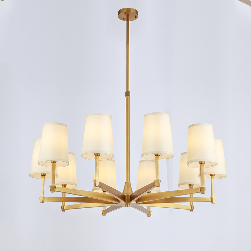 Hot Selling Gold Copper Pendant Light  Post Contemporary Round Chandelier Brass and Fabric Linen Shade High-end Hanging Lamp