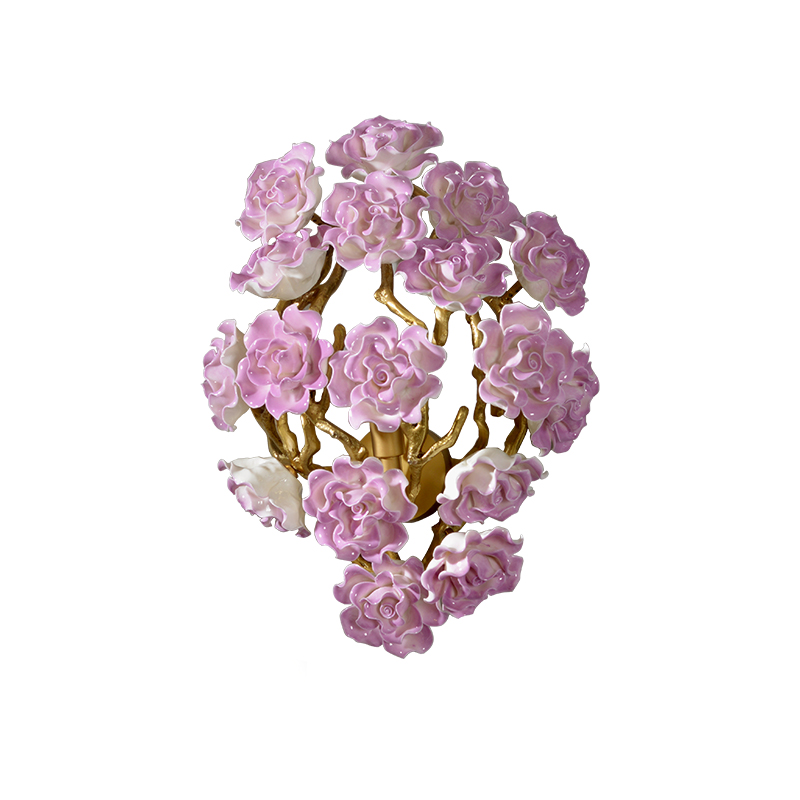 China Style Wall Lamp Ceramic Flowers Lilac Wall Sconce Light with Golden Brass & Purple Porcelain Bedside Wall Light