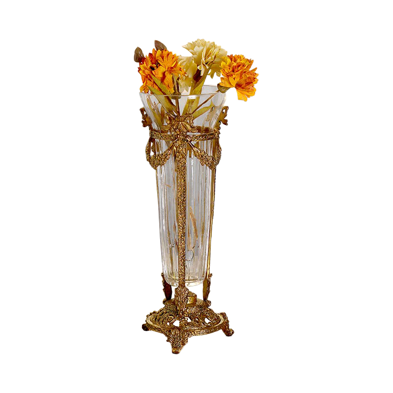Ornaments Luxury Crystal Glass Vase Table Top Flower Decoration Glass With Copper Flower Vase