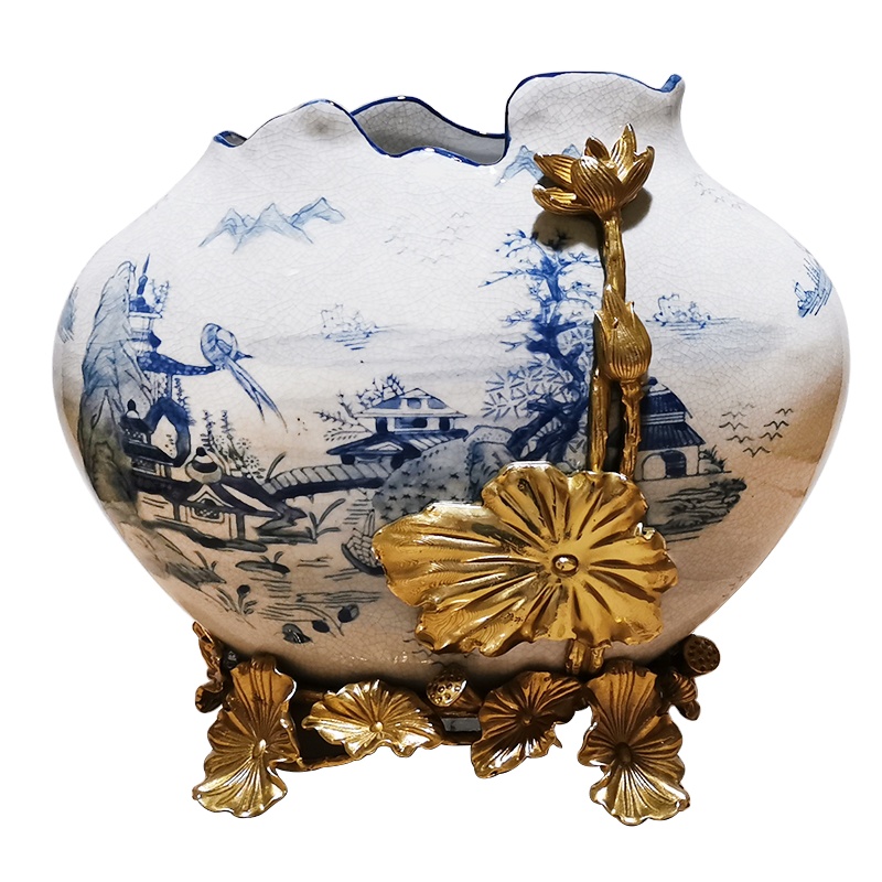 Handmade antique blue and white porcelain flower vase for home decor