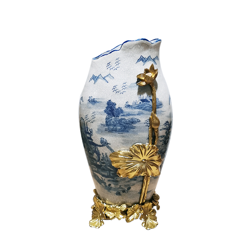 Vintage blue and white porcelain flower vase decor brass ornament for home accessories
