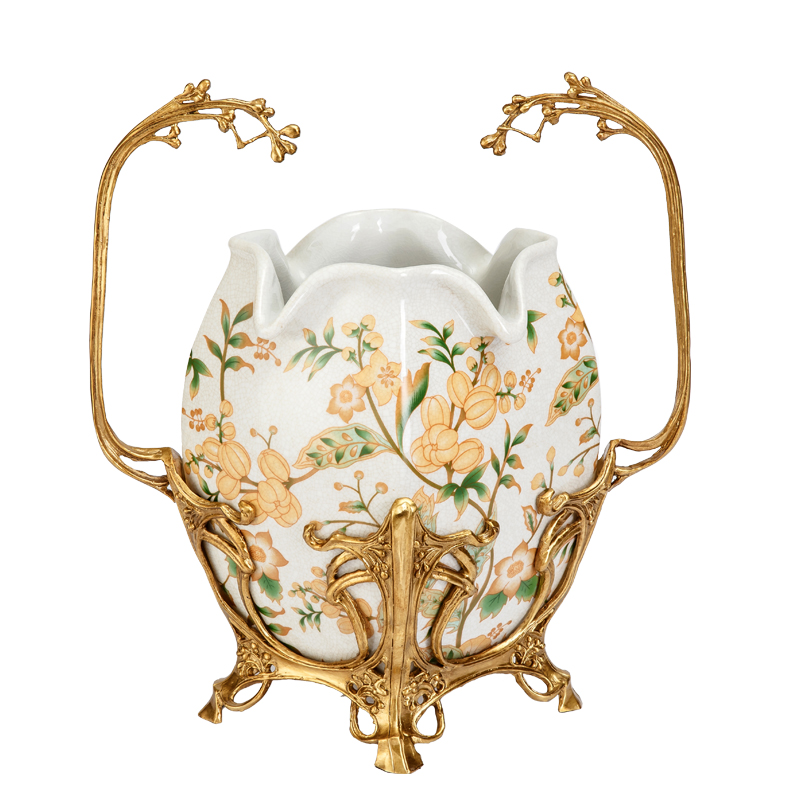 antique home decor Painted flower pattern ceramic vase  with copper pure bronze hollow decorative jardiniere  insert decoration