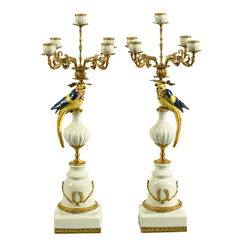 A Pair Price old aged vintage luxury colorful parrot porcelain brass candle holder Luxury Candle Holder for home decor