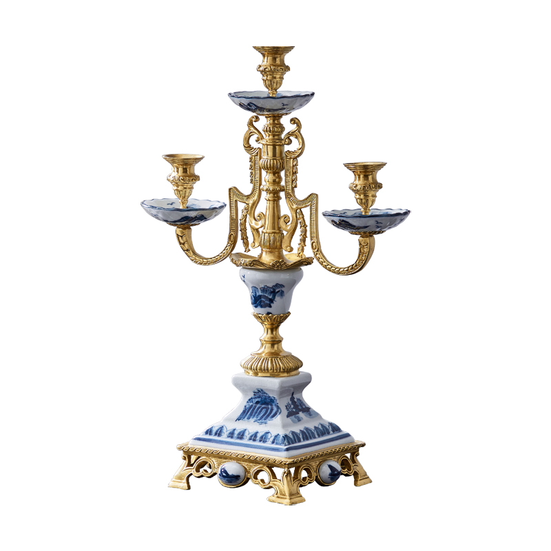 Traditional  White and Blue Porcelain Candle Holder for Home Decorations Brass Vintage Ceramic Candlesticks