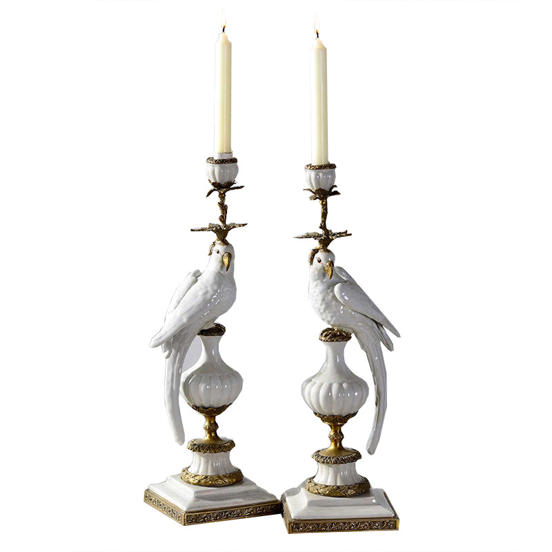 2024 new designs creative brass ceramic candle holder with color birds decorations for wedding party home office table