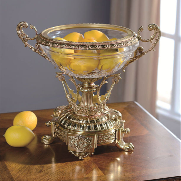 Antique europe style luxury home decor round crystal and brass high fruit tray dish