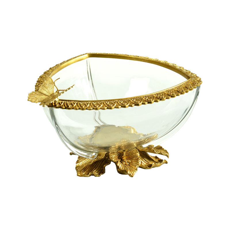 Home Decor Handcrafted Brass Carving Flower Base Copper Vivid Butterfly Inlay Luxury Crystal Glass Fruit Bowl