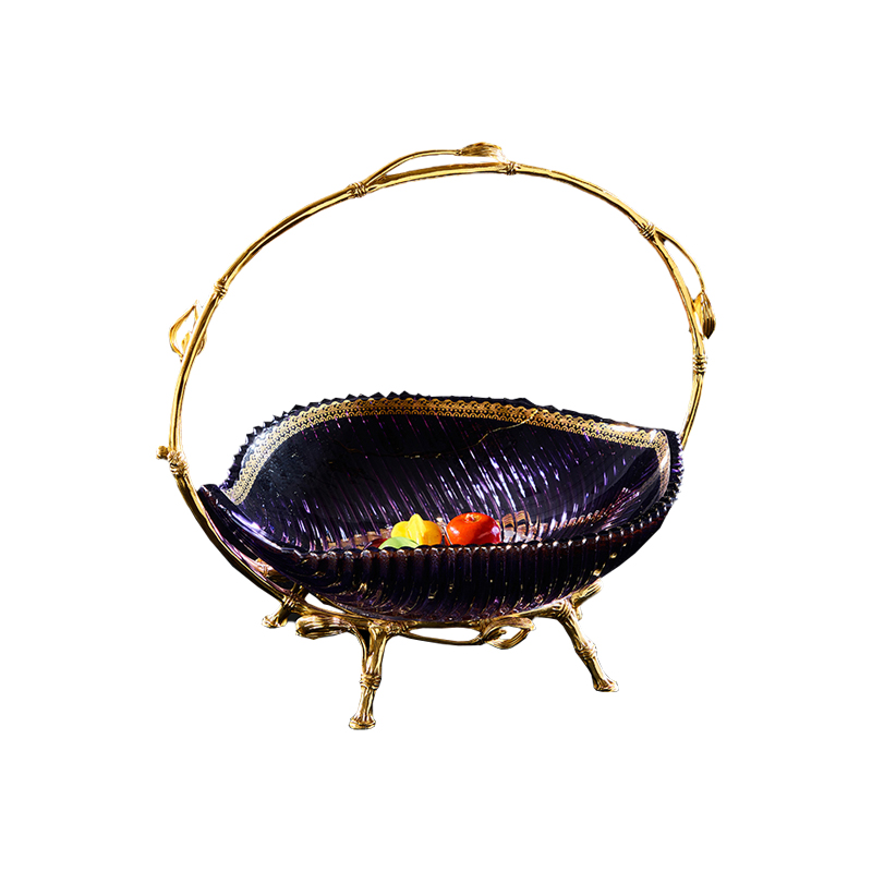 Exquisite Handcrafted Basket Copper Base Handle Crystal Leaf Home Decor Party Dinner Coffee Tea Fruit Plates