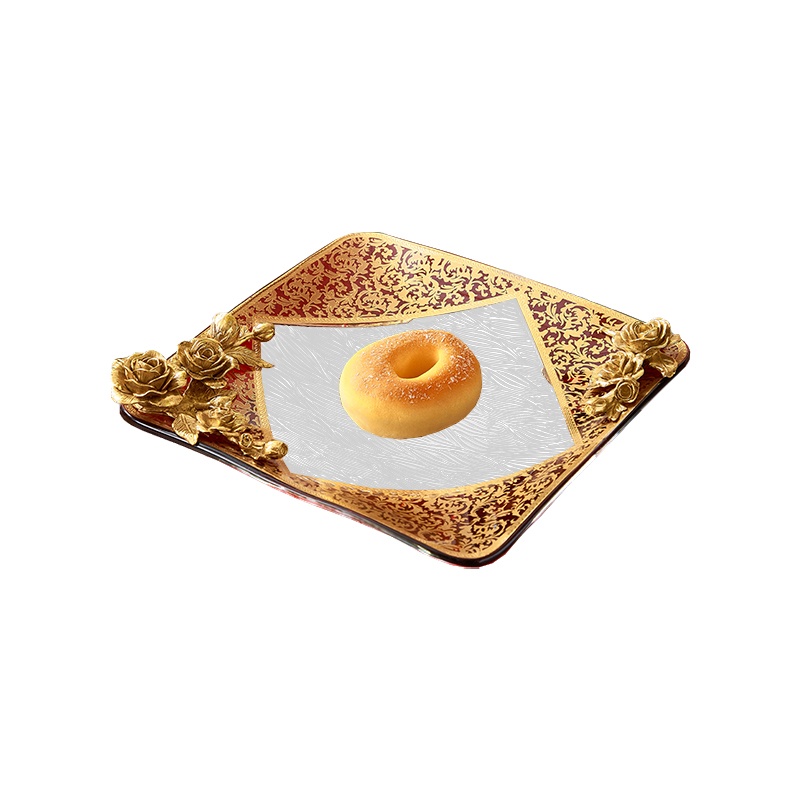 European Wedding Restaurant Luxury Handcrafted Golden Copper Carving K9 Crystal Fruit Candy Dessert Charger Dishes & Plates