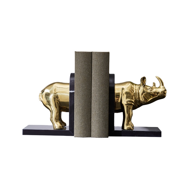 Home Decor Marble Bookends Decorative Accents Light Luxury Brass Metal Rhinoceros Book End