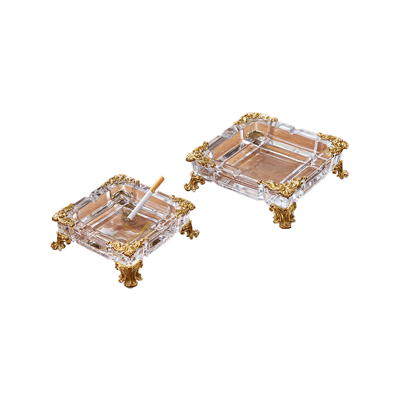 Luxury Hotel Villa Club Home Decor Square Handmade Brass Carved Base and Surface Inlay Crystal Cigar Ashtray
