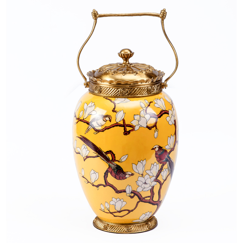 antique luxury vintage brass yellow flower and bird chinese ceramic  accessories storage jar bronze porcelain ornamental bottle