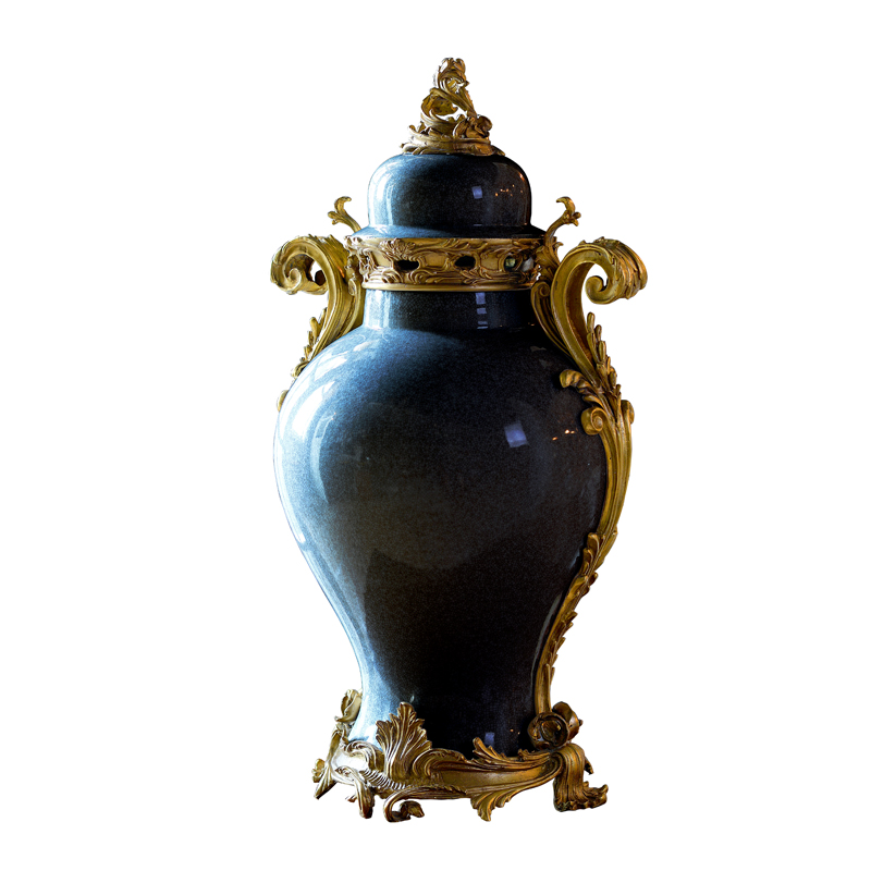 china specialty black brass home decor wholesale ceramic jar with bronze base and lid/porcelain bottle canisters accessories