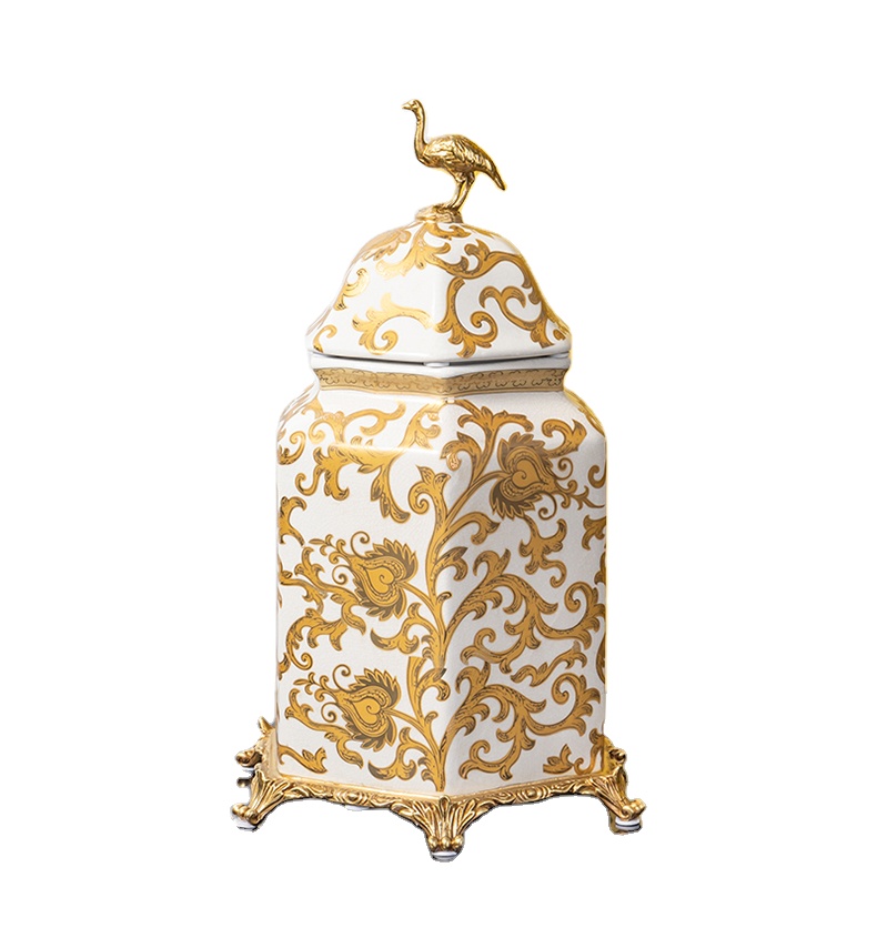 2024 newest popular designs luxury brass ceramic candy  storage jars with lids for home office clubhouse decoration