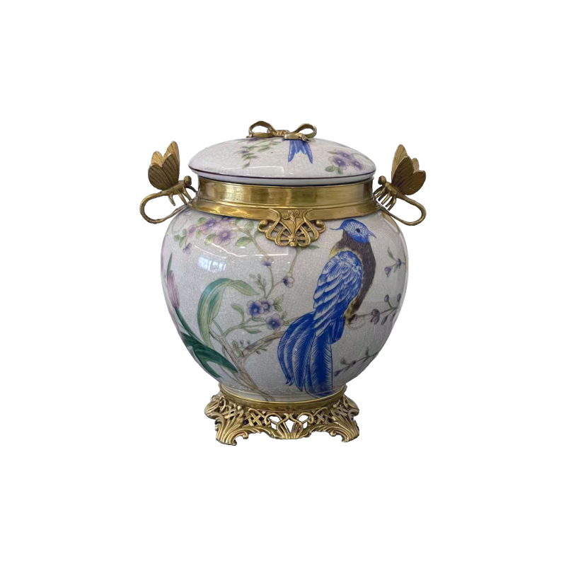 Best-selling luxury home decor mantel Brass cover porcelain Phoenix Jar with lid Ceramic storage jar