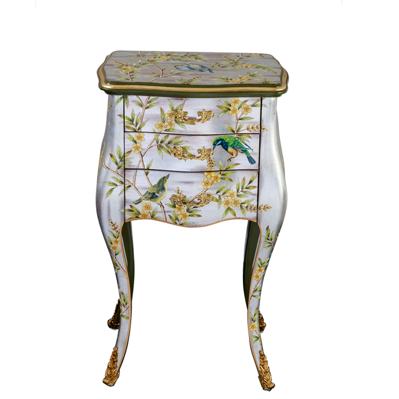 Chinoiserie Bedstand Three Drawers Coffee Desk Cabinet Modern Hand-Painted Bedside Table with Wood Material Beauty End Table