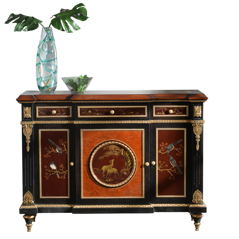 Brown living room/hotel wooden brass classical antique furniture home decor side furniture solid wood Wine Cabinet