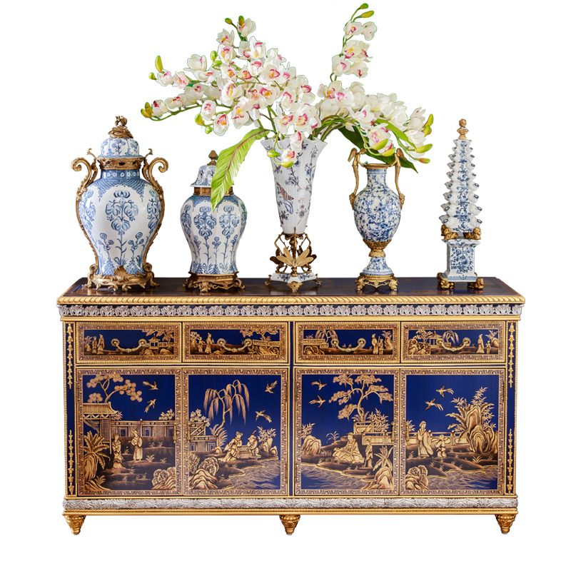 Art deco handcraft design painting console table four drawers and 4 doors antique furniture made of antique solid wood cabinet