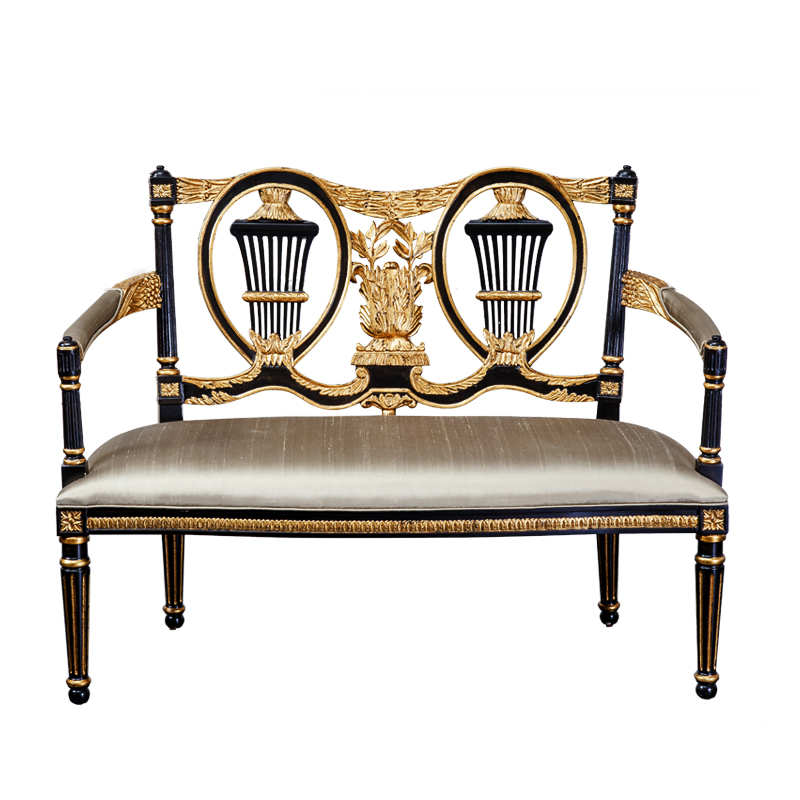 Antique retro  luxury royal Carving silk 2 seats blue Home sofa and Living Room Furniture Wooden bench long chair